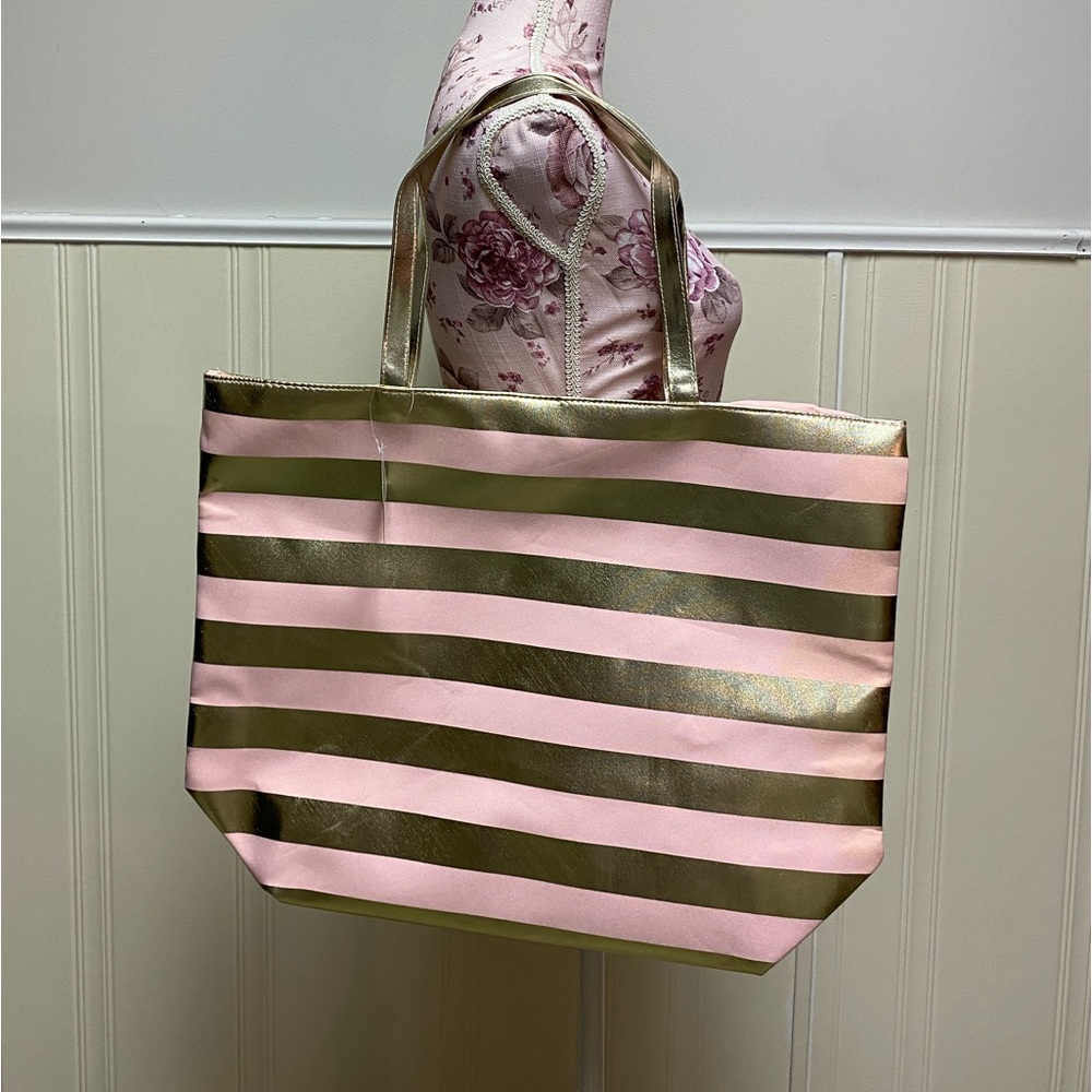 MACYS Large Beach Bag Shoulder Bag Tote Pink Gold Stripes